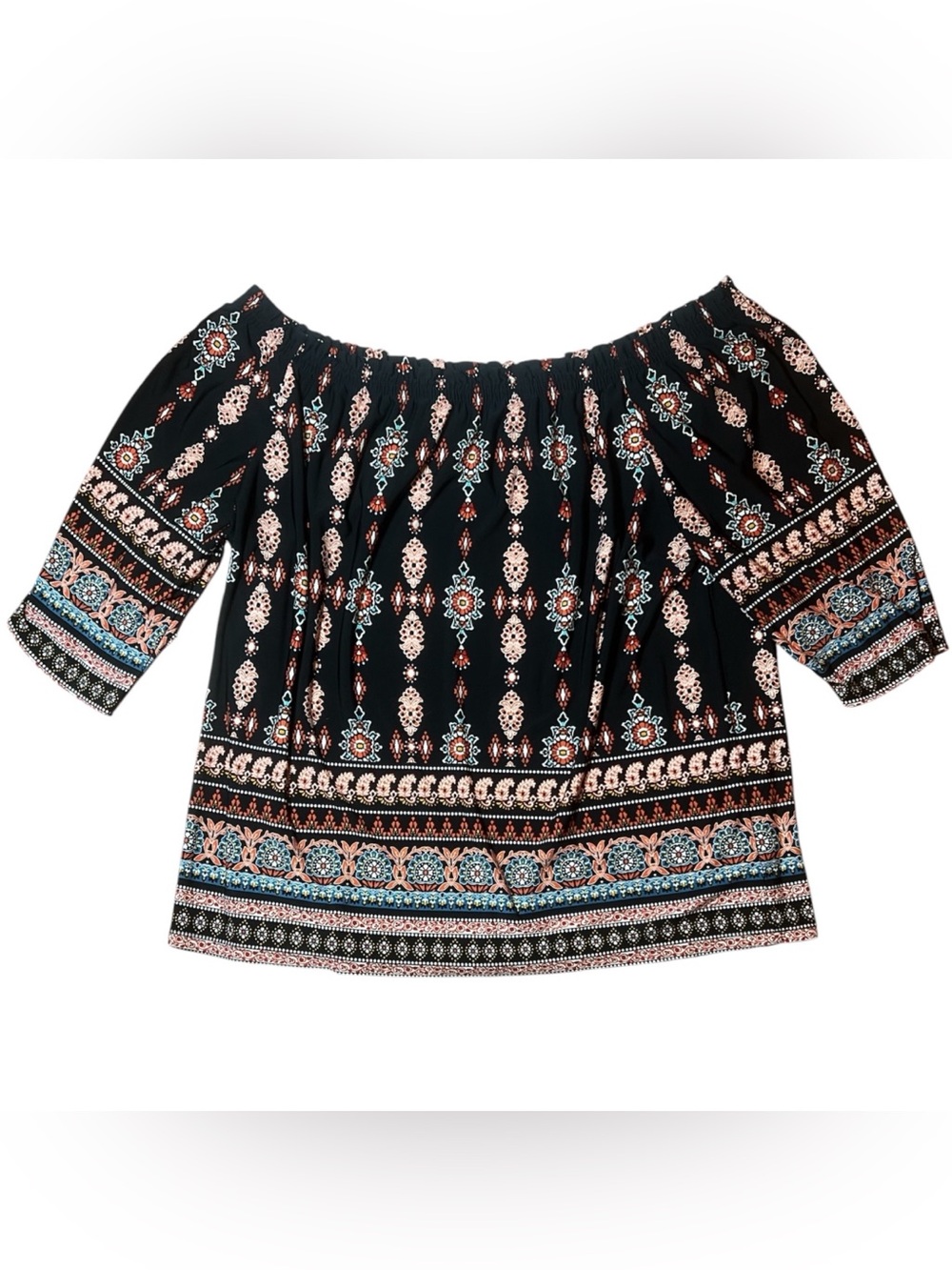 Westport 1962 black multicolor boho print jersey on/off shoulder top size 2X